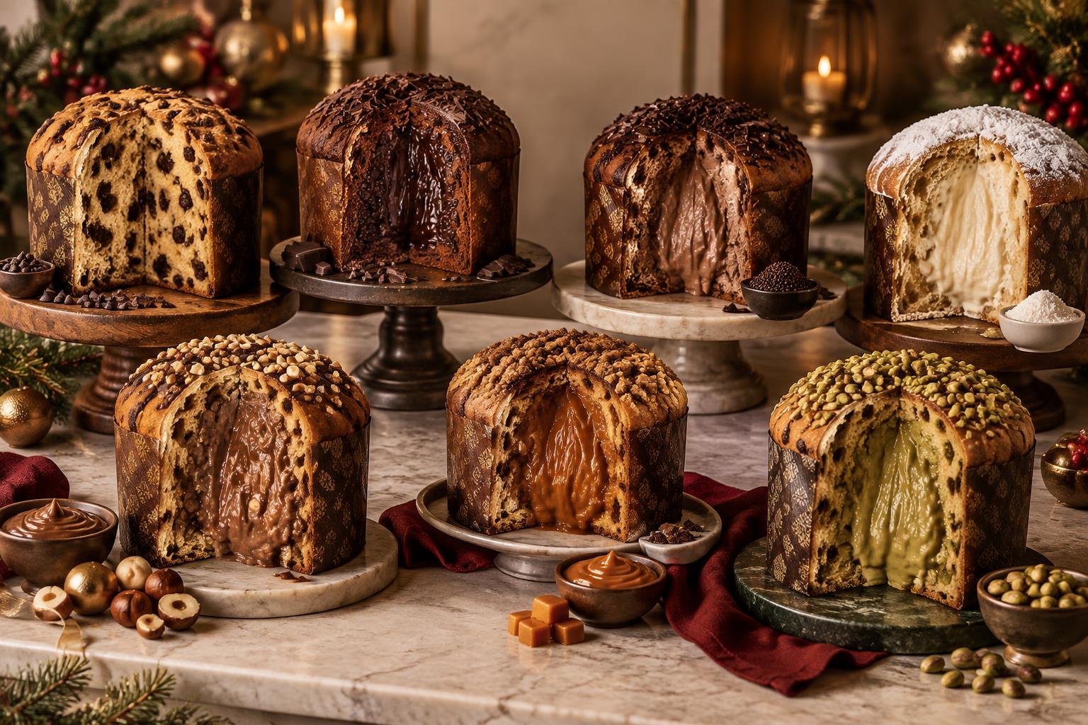 Composição de chocotones artesanais tradicionais e recheados